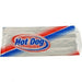Silver foil hot dog bag with red and blue diagonal stripe design and 'Hot Dog' text in bold blue letters inside a red oval.
