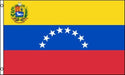 A flag with three horizontal stripes: yellow on top, blue in the middle with a curved row of eight white stars, and red at the bottom; a detailed coat of arms appears in the top left corner.