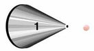 Metal piping tip labeled 1 with a very small round opening, shown next to a tiny light pink icing dot, demonstrating the tip’s fine, precise output used for detailed piping work.