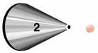 Metal piping tip labeled 2 with a small round opening, shown next to a tiny pink icing dot representing its fine, circular piping output.