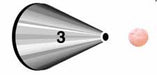Metal piping tip labeled 3 shown next to a small round pink icing dot, illustrating the fine circular output used for detailed piping work.