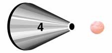 Metal piping tip labeled 4 shown next to a small round pink icing shape, demonstrating the tip’s smooth circular piping output.