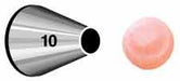 Metal piping tip labeled 10 alongside an example of its round frosting output in pink icing, commonly used for outlining, lettering, and dot designs.