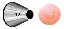 Metal piping tip labeled 12 shown next to a round pink icing shape, illustrating the tip’s smooth circular output.