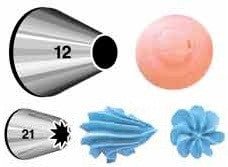 Image showing two metal piping tips labeled 12 and 21, with examples of their frosting designs: round dot, star-shaped ridges, and floral patterns in pink and blue icing.