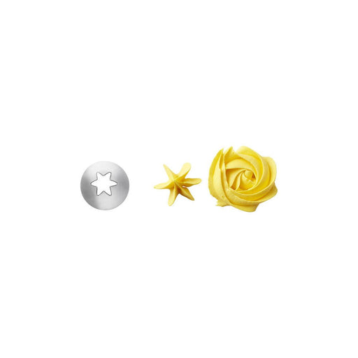 Metal piping tip with a star-shaped opening shown next to two yellow icing decorations: a small star and a large swirled rosette, demonstrating the tip’s piping effects.