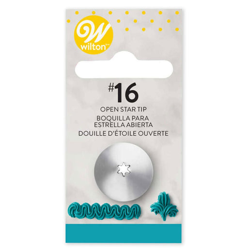 Wilton #16 open star piping tip in retail packaging, featuring a metal tip with a small open star-shaped opening. The packaging includes the Wilton logo at the top, product name in English, Spanish, and French, and examples of teal icing designs, including a wavy border and starburst shape, at the bottom.