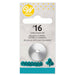 Wilton #16 open star piping tip in retail packaging, featuring a metal tip with a small open star-shaped opening. The packaging includes the Wilton logo at the top, product name in English, Spanish, and French, and examples of teal icing designs, including a wavy border and starburst shape, at the bottom.