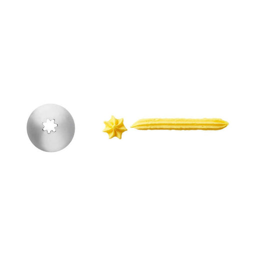 Metal piping tip with a small open star-shaped opening shown next to two yellow icing decorations: one star-shaped dollop and one ridged line, demonstrating the tip’s piping effects on a white background.