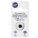 Wilton #21 open star decorating tip in retail packaging. The packaging features a white background with purple accents, including a purple Wilton logo at the top and a purple product number and text. The metal tip is attached in the center, and the bottom shows purple and lavender illustrations of piped star and shell icing designs.