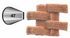 Metal piping tip labeled 47 with a flat, serrated edge, shown next to a woven pattern made of brown icing ribbons, demonstrating its basketweave piping effect.