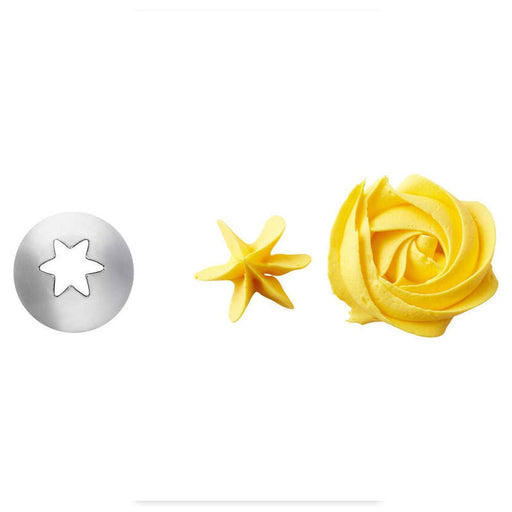 Metal piping tip with an open star-shaped cutout shown next to two yellow icing decorations: a small star-shaped dollop and a larger swirled rosette, demonstrating the tip's piping results.
