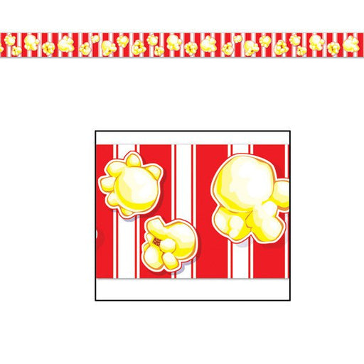 Popcorn-themed party tape featuring large yellow popcorn kernels against a background of red and white vertical stripes, resembling classic popcorn bags. The festive design repeats along the length of the tape, ideal for movie night or carnival-themed events.