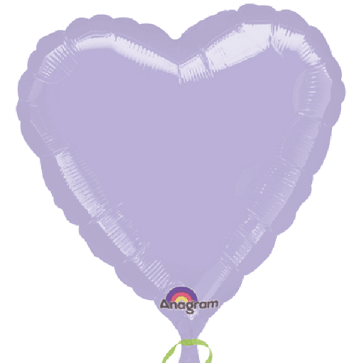 Lilac heart-shaped foil balloon with crimped edges, tied with a curly white ribbon and displaying the Anagram logo near the bottom center.