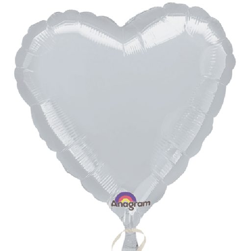 Silver heart-shaped foil balloon with crimped edges, tied with a curly white ribbon and displaying the Anagram logo near the bottom center.