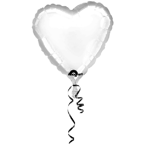 White heart-shaped foil balloon with crimped edges, tied with a curly white ribbon and displaying the Anagram logo near the bottom center.