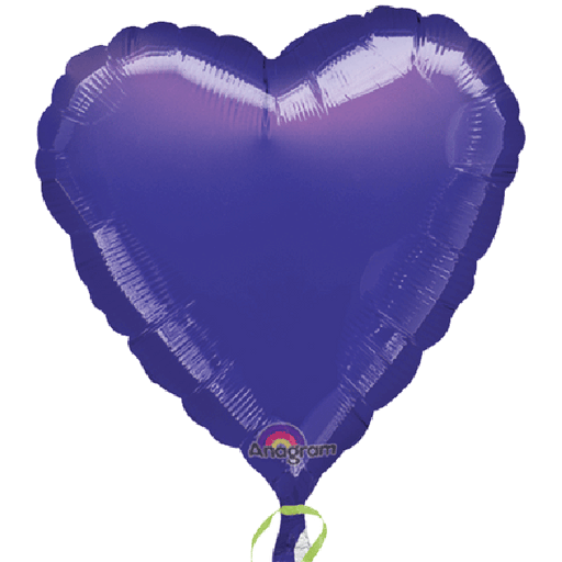 Purple heart-shaped foil balloon with crimped edges, tied with a curly white ribbon and displaying the Anagram logo near the bottom center.