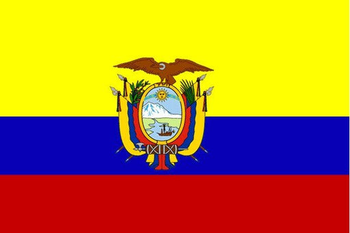 Ecuador flag with three horizontal stripes of yellow, blue, and red, featuring the national coat of arms in the center.