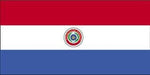 Paraguay flag with three horizontal stripes of red, white, and blue, featuring the national emblem centered on the white stripe.
