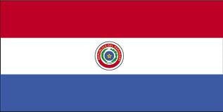 Paraguay flag with three horizontal stripes of red, white, and blue, featuring the national emblem centered on the white stripe.