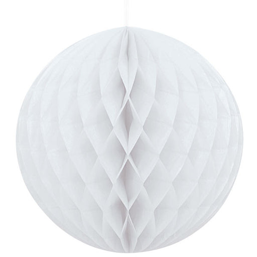 Round white honeycomb paper decoration with a diamond-textured pattern, fully expanded into a spherical shape.