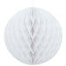 Round white honeycomb paper decoration with a diamond-textured pattern, fully expanded into a spherical shape.
