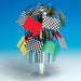 Racing-themed centerpiece featuring a metallic silver base with cascading foil strands and assorted mini flags. The flags include black-and-white checkered flags, solid red flags, solid yellow flags, and solid green flags, creating a festive decoration perfect for race car or racing-themed parties and events.