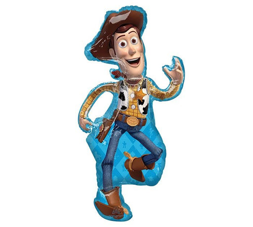 Toy Story-themed foil balloon shaped like Woody the cowboy. The balloon depicts Woody smiling and waving, wearing his signature cowboy hat, vest, jeans, and boots, with a blue patterned background outline.