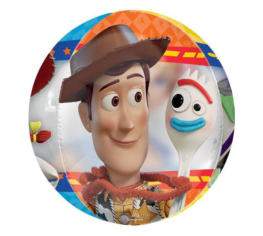 Round Toy Story-themed foil balloon featuring Woody smiling next to Forky, with a colorful patterned border.