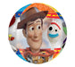Round Toy Story-themed foil balloon featuring Woody smiling next to Forky, with a colorful patterned border.