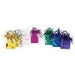 Assorted foil party bag-shaped balloon weights in metallic colors including yellow, silver, pink, purple, green, blue, and dark blue. Each bag features shiny fringe at the top and a loop for securing balloons, perfect for parties and festive events.