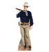 Life-size cutout of a cowboy wearing a white hat, dark blue shirt, light tan pants, brown belt with a holster, and brown boots. He has a light-colored scarf tied around his neck and is smiling while resting a rifle over his right shoulder. The base features a dusty western ground.