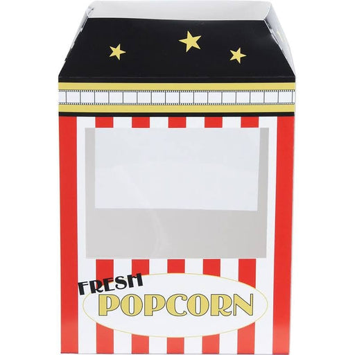 Red and white popcorn box with a black top featuring yellow stars, gold filmstrip design, and red vertical stripes with a 'Fresh Popcorn' label on the front.