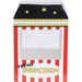 Red and white popcorn box with a black top featuring yellow stars, gold filmstrip design, and red vertical stripes with a 'Fresh Popcorn' label on the front.