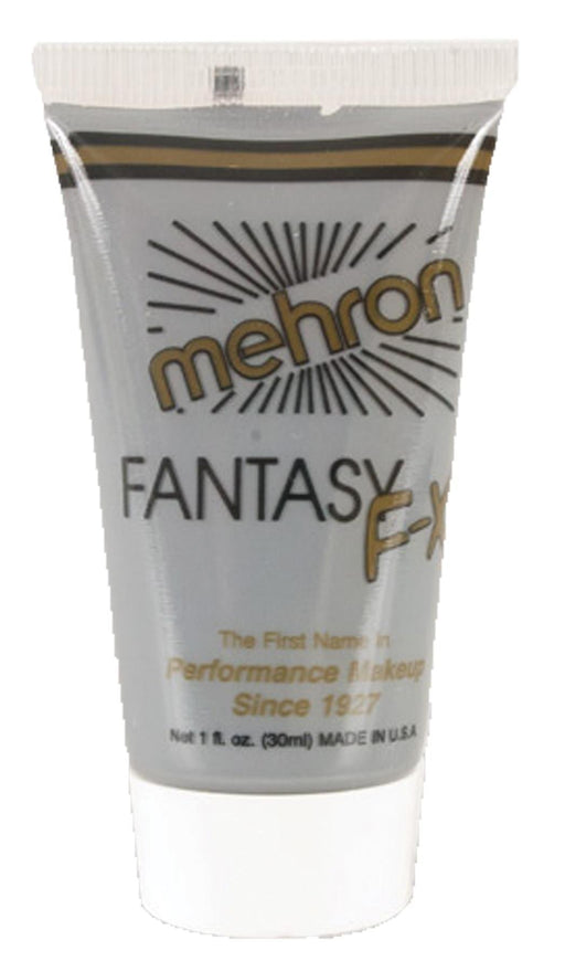 Tube of Mehron Fantasy F-X performance makeup in a metallic silver color, with a white cap and sunburst design on the front label.