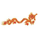 Traditional Chinese-style dragon decoration featuring a long, serpentine red body with gold accents, detailed scales, and fierce facial features, including antler-like horns and clawed feet, displayed against a white background.