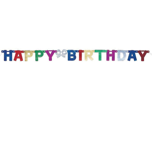 Multicolored 'HAPPY BIRTHDAY' banner with each letter in a different glittery color, strung together horizontally on a single strand.