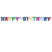 Multicolored 'HAPPY BIRTHDAY' banner with each letter in a different glittery color, strung together horizontally on a single strand.
