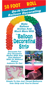 Package of Balloon Decorating Strip, 50-foot roll. The box shows a rainbow balloon arch and reads 'Do-It-Yourself Balloon Decorating – Make Balloon Arches, Garlands, Streamers, and Much More.'