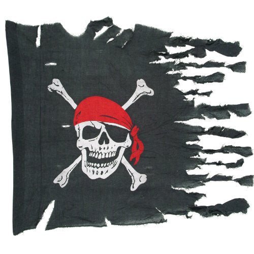 Pirate-themed flag featuring a white skull and crossbones design with a red bandana on the skull. The black fabric flag has a heavily tattered and torn right edge, giving it a worn, weathered appearance.