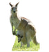 Life-size cardboard cutout of a kangaroo standing on green grass with a joey peeking out from her pouch. The kangaroo has a light brown coat with pale underparts, upright ears, and alert posture, set against a plain white background.