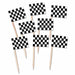 8 miniature race flag food picks featuring black and white checkered flags on wooden toothpick-style sticks. These decorative picks are designed to resemble racing flags and are typically used for party snacks or cupcakes at racing-themed events.