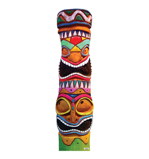 Colorful totem pole cutout featuring exaggerated facial expressions and intricate tribal-style carvings in vibrant hues of orange, red, green, yellow, pink, black, and white. The totem is divided into multiple stacked faces with bulging eyes, wide mouths, and sharp teeth, with the base anchored on a green platform. The white background emphasizes the pole's vivid design.
