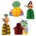 A set of mini luau-themed centerpieces featuring a bright yellow honeycomb pineapple with tropical flowers, a hula girl in a red top with a yellow lei and green honeycomb skirt, and a hula boy with a leaf headband, yellow lei, ukulele, and yellow-brown honeycomb skirt. Also included is a red honeycomb tiki hut with a tropical beach scene of palm trees, surfboard, and beach ball. These decorations add a playful, festive touch to any luau party.