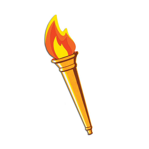 Cardboard torch cutout with a vibrant flame in red, orange, and yellow hues atop a stylized gold handle.