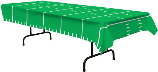 Green rectangular tablecloth designed to resemble a football field, featuring white yard lines and markings across the surface. Perfect for football-themed parties, tailgates, and game day events.