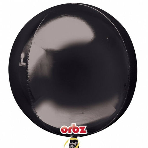 A shiny black spherical balloon with a reflective surface, labeled 'orbz' in red and white text near the bottom.