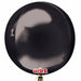 A shiny black spherical balloon with a reflective surface, labeled 'orbz' in red and white text near the bottom.