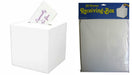 White all-purpose receiving box with a slot on top for inserting cards or notes, shown assembled with a card reading 'Especially for You.' Next to it is the original flat-pack packaging labeled 'Receiving-Box' in yellow text on a dark blue header, with the white box components visible through the clear plastic wrap.