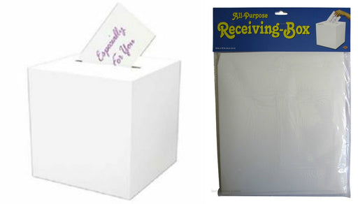 White all-purpose receiving box with a slot on top for inserting cards or notes, shown assembled with a card reading 'Especially for You.' Next to it is the original flat-pack packaging labeled 'Receiving-Box' in yellow text on a dark blue header, with the white box components visible through the clear plastic wrap.